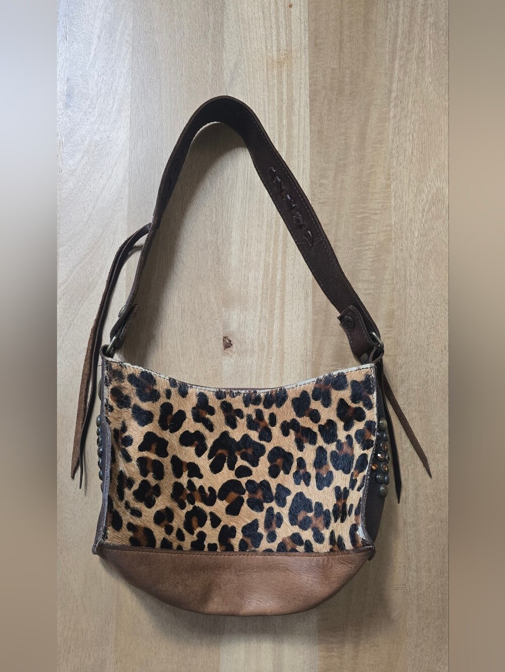 Two Bar West Leopard Hair on Hide Leather ShoulderBag Studded Rhinestone Western